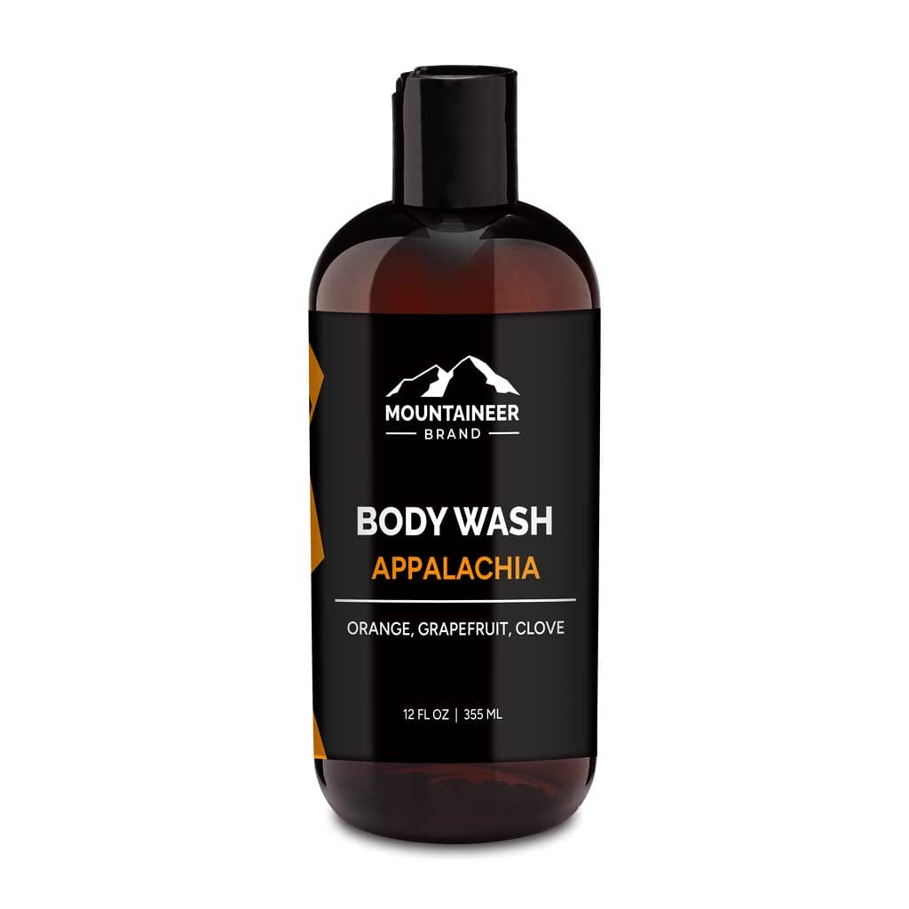 A bottle of Mountaineer Brand Products men's Natural Body Wash labeled "Appalachia" with orange, grapefruit, and clove scents, 12 fl oz.
