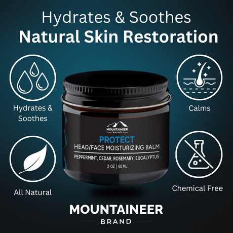 Hydra & soothes Bald Head Protect moisturizing balm for natural skin restoration by Mountaineer Brand Products.