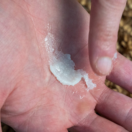 Mountaineer Brand Beard Balm: A person's hand with Mountaineer Brand Products' Best Sellers Kit on it.