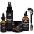 A collection of Mountaineer Brand Products' men's beard grooming products, including growth oil, primer, balm, sanitizing spray, and a roller.