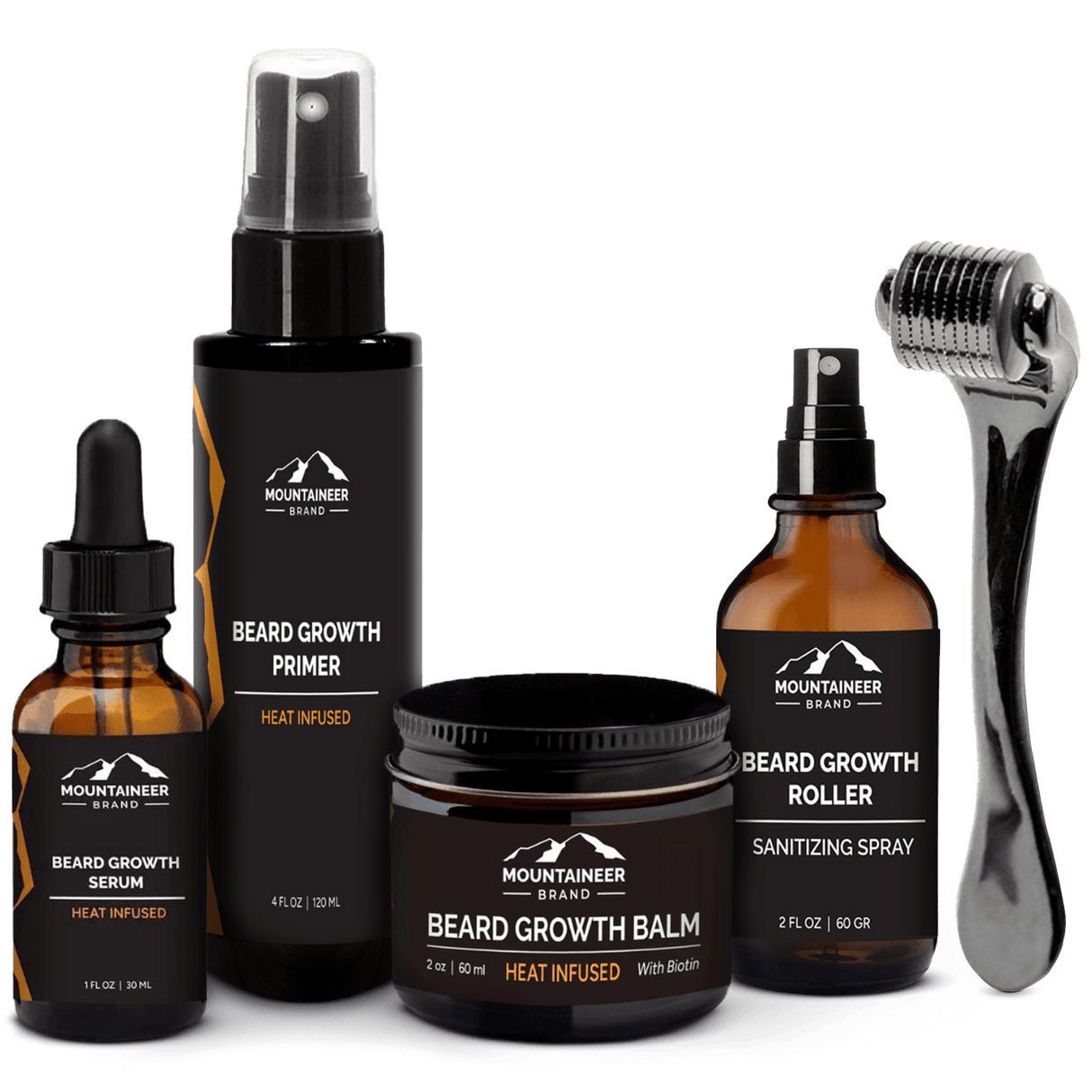 A collection of Mountaineer Brand Products' men's beard grooming products, including growth oil, primer, balm, sanitizing spray, and a roller.