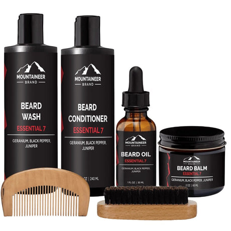 Mountaineer Brand Products&#39; The Starter Beard Kit for complete beard care. This comprehensive grooming routine includes beard oil, beard conditioner, along with a high-quality beard brush and comb.