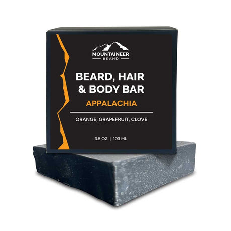 Mountaineer Brand Products' Beard Hair and Body Bar - 9 Scents available, with all-natural ingredients, inspired by the rugged beauty of Appalachia.