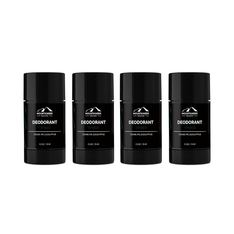 Three Mountaineer Brand Products Natural Deodorant 4-Packs on a white background.