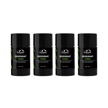 Three Mountaineer Brand Products Natural Deodorant 4-Packs on a white background.